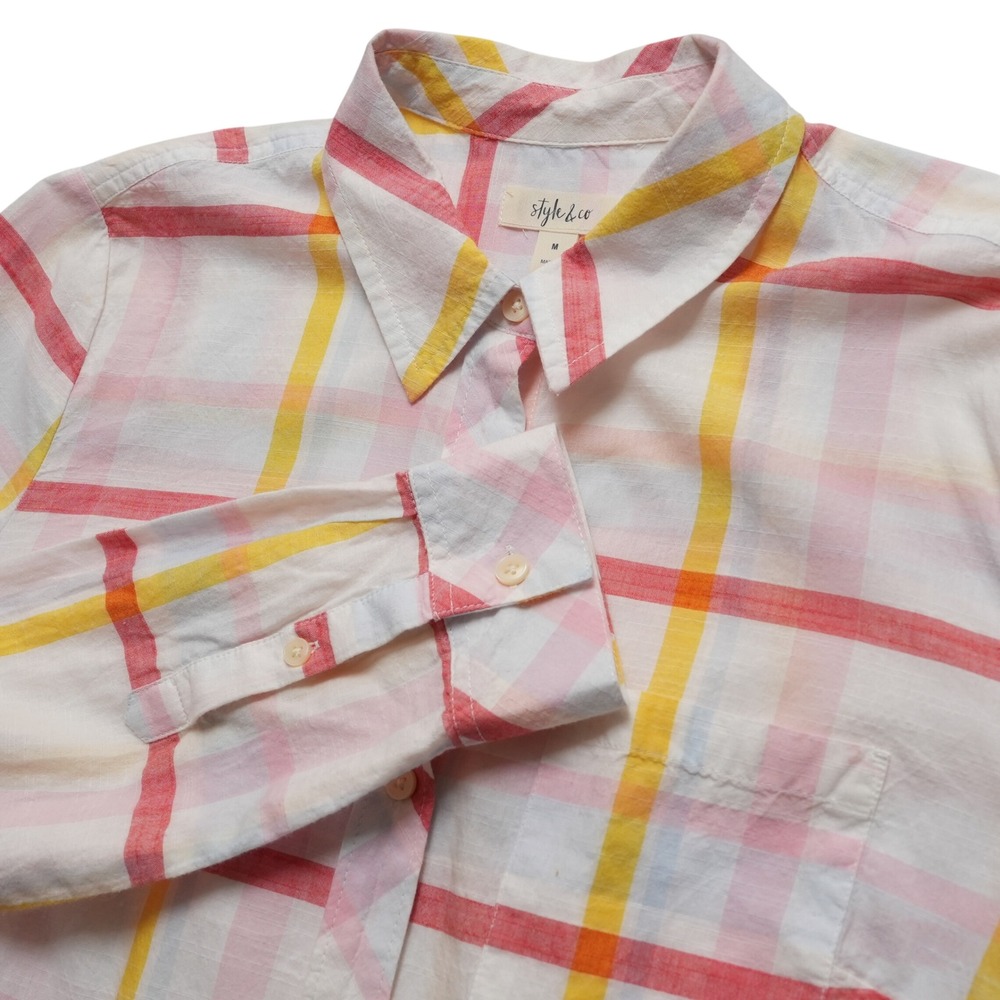 Style & Co Plaid Button Up Shirt Women M Cotton Red Yellow White Casual